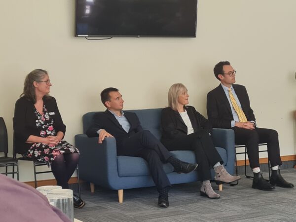 Minister of Health Simeon Brown and Whanganui MP Carl Bates seated with Hospice Whanganui CEO Helen Leslie and Board Chairperson Kirsten Bryant during their visit.