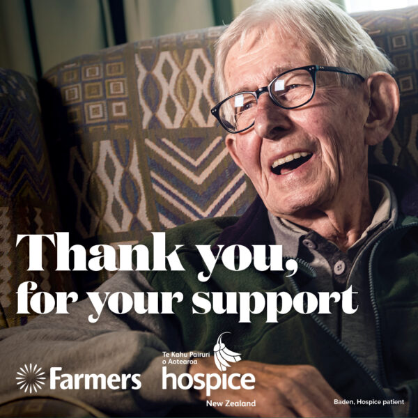 An older person smiling while seated in a chair, conveying warmth and comfort, with text reading “Thank you for your support.”