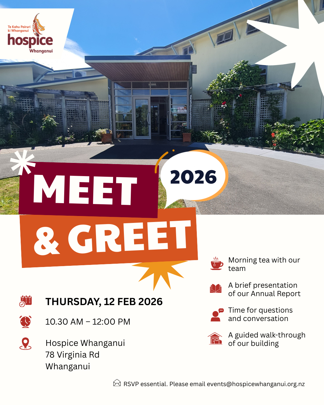 Promotional image for the Hospice Whanganui Meet & Greet on Thursday 12 February 2026, showing the entrance to Hospice Whanganui with event details including time, location, morning tea, Annual Report presentation, building walk-through and Q&A.
