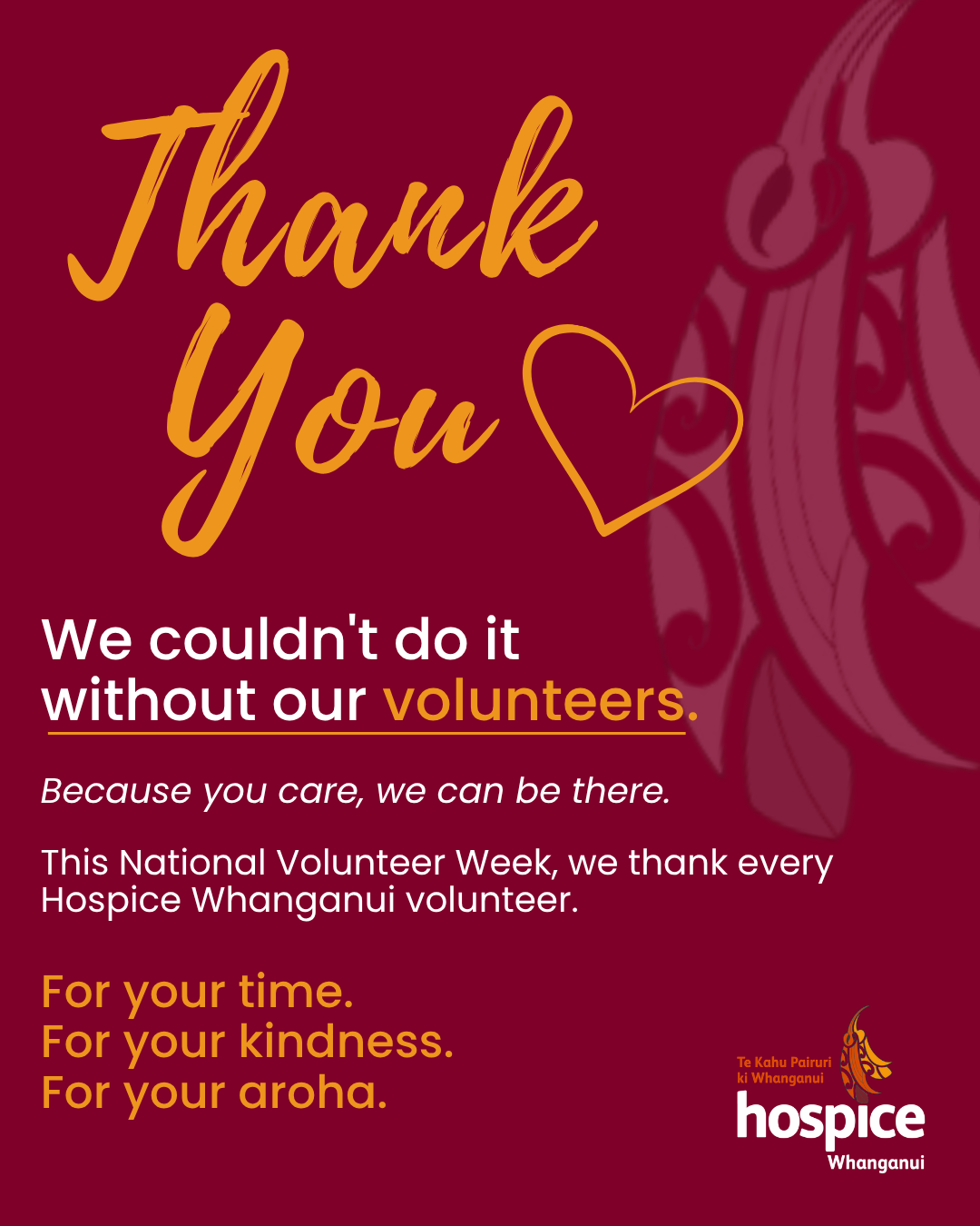 National Volunteer Week graphic thanking Hospice Whanganui volunteers for their time, kindness and aroha.